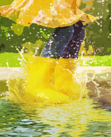 child splashing in puddle